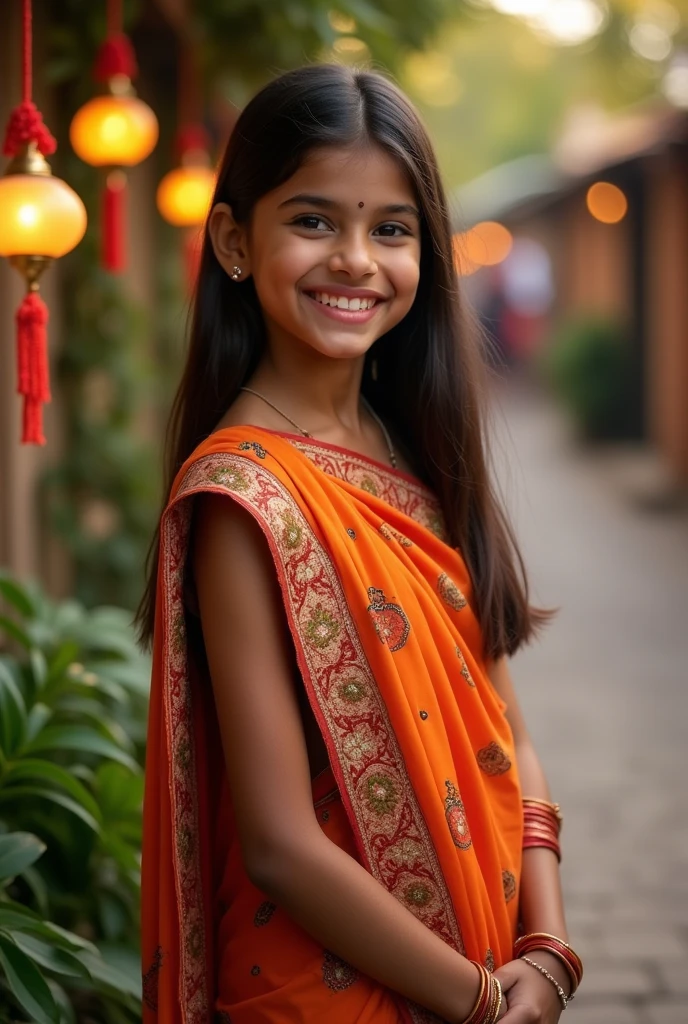 Beautyfull girl, very thin, charming face wire on theet, wear sari, rakhi on hand,