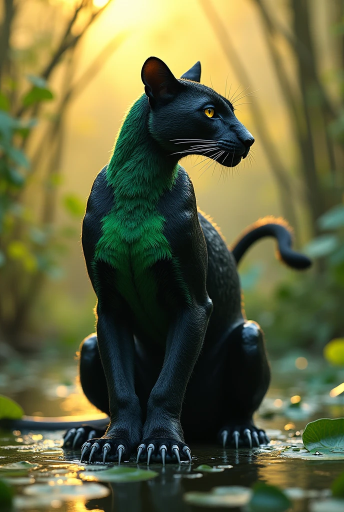 A chimera between a panther and a duck, shaped like an amphibian, webbed feet, duck feet, weird body shape