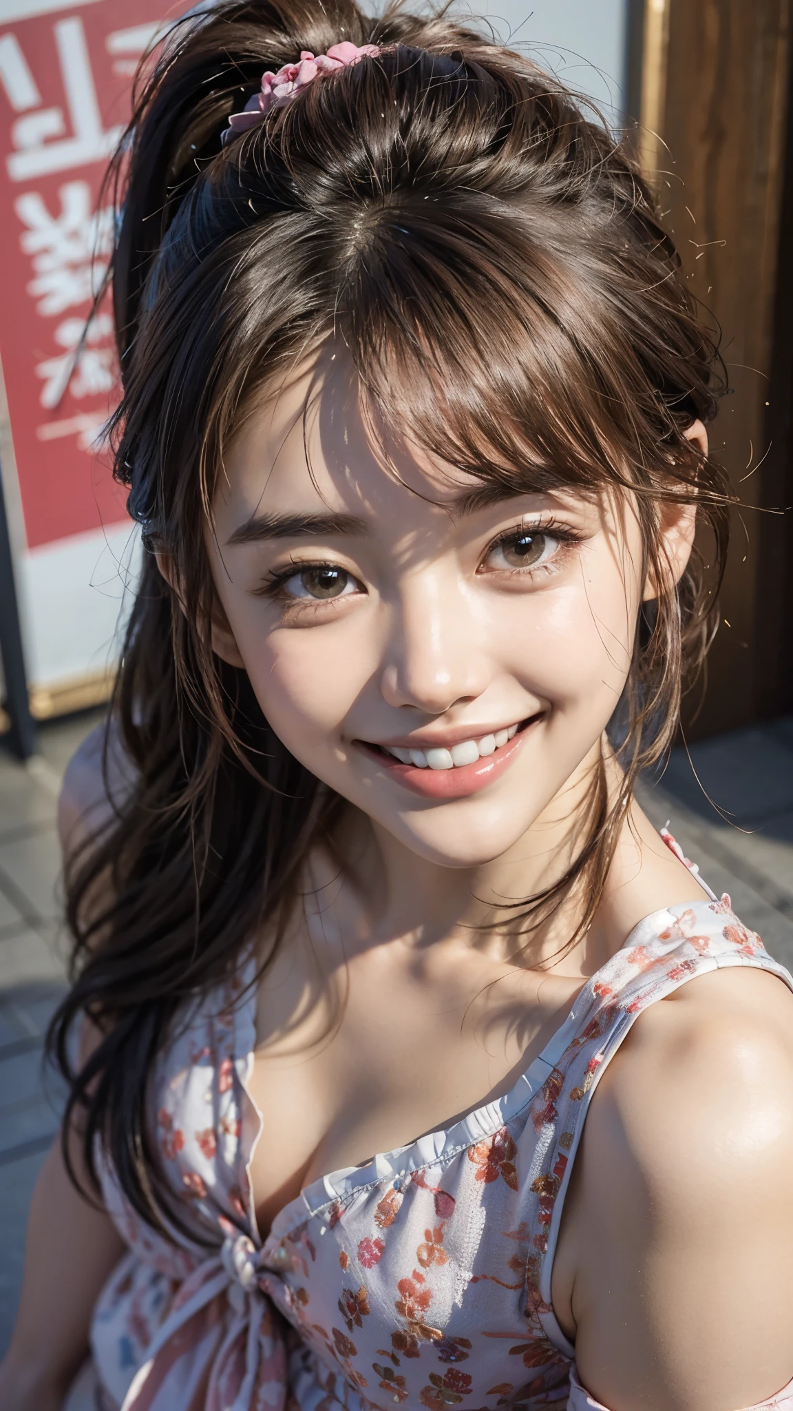 Highest quality, masterpiece, Ultra-high resolution,8k,((Toothy smile portrait:1.4)), (Realistic:1.6), ((A radiant smile)), RAW Photos,((Korean drama appearances)),((Soft looking breasts)),((Full body photo)),1 person,Slim 22 year old adult female,(Full of smiles, )) ,((Ponytail and hair tie)),((Ribbon in hair)),((Looking up at the audience)),Face Focus:1.4,((Shot from above:1.15)),