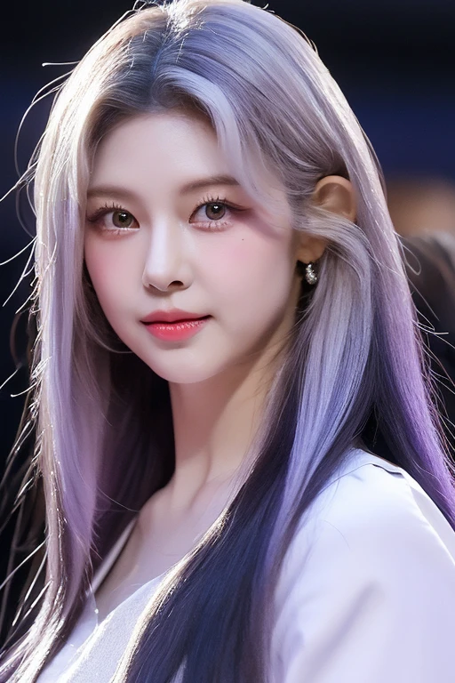 perfect figure beautiful woman:1.4,Layered hair style,Outstanding neckline:1.2,Two-dimensional clothing:1.5,Very detailed face and skin texture,double eyelid,Whiten skin,long white hair, purple eyes (( purple eyes), long white hair