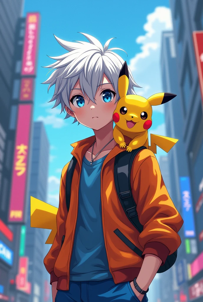 1 boy, teenager, short white hair with messy bangs and blue eyes solo, boy, clothes in orange and blue colors, anatomically perfect body, full hd art, anime boy, with a pokemon called pikachu on his shoulder, futuristic city background