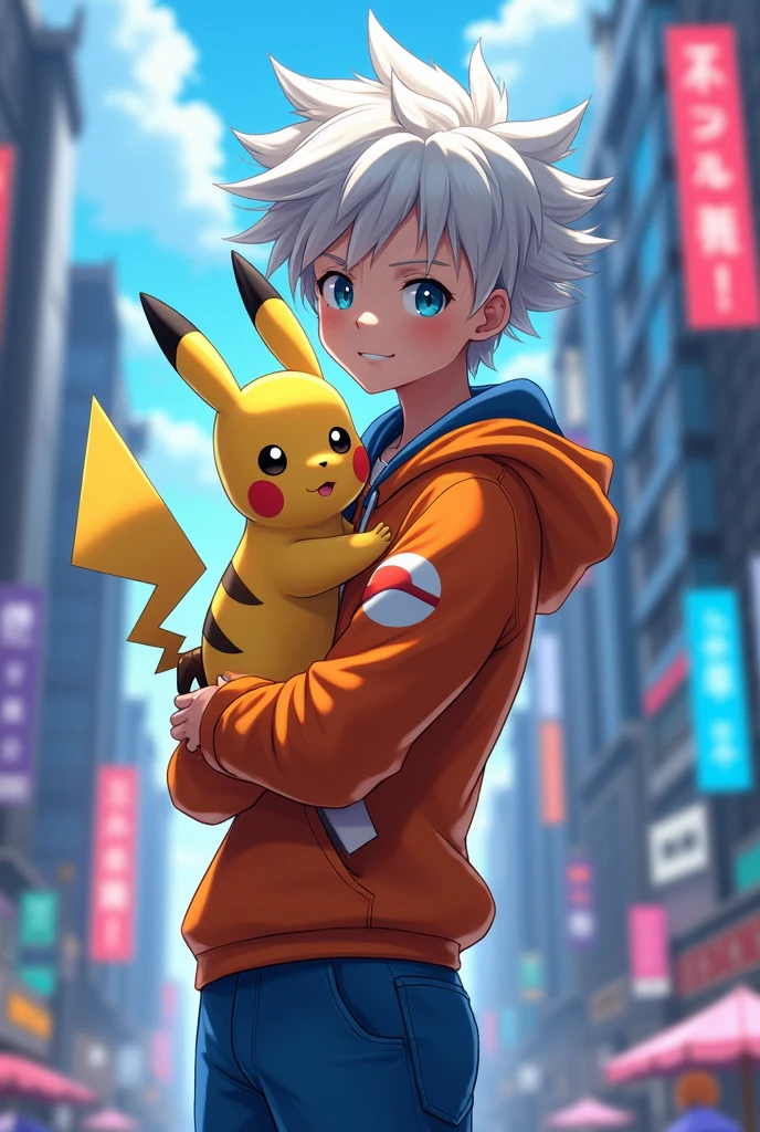 1 boy, teenager, short white hair with messy bangs and blue eyes solo, boy, clothes in orange and blue colors, anatomically perfect body, full hd art, anime boy, with a pokemon called pikachu on his shoulder, futuristic city background