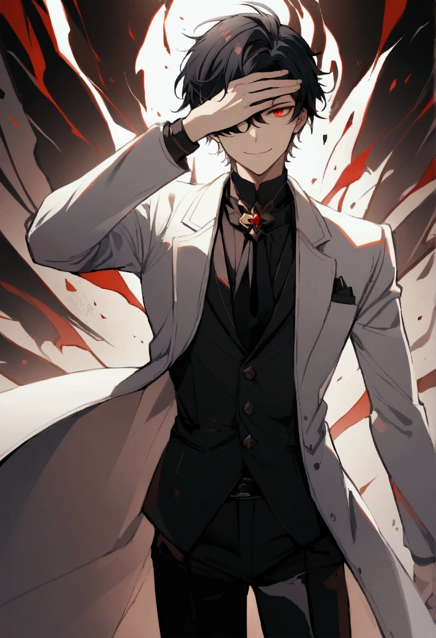 1 boy, white and black hair, bang, covering one eye, red eye, White coat, Black suit, black trousers, Mysterious smile