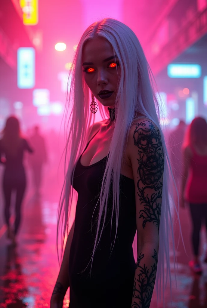 vampires. white hair. eerie glowing red eyes. Pink cyberpunk background. Raby. wet. tattooed . Grinning