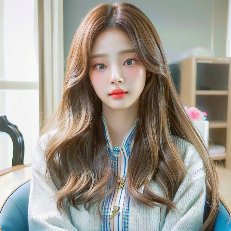 Close-up of a woman with long hair sitting on a chair, realist anime 3 d style, kawaii realist portrait, realist. Cheng Yi, Light brown hair, long and wavy., korean girl, realist hair, hyperrealist teen, popular korean makeup, South Korean popular makeup, dynamic wavy hair, long shiny ethereal hair, realist person, inspired by Yanjun Cheng
