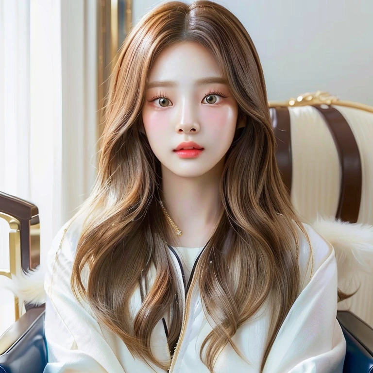 Close-up of a woman with long hair sitting on a chair, realist anime 3 d style, kawaii realist portrait, realist. Cheng Yi, Light brown hair, long and wavy., korean girl, realist hair, hyperrealist teen, popular korean makeup, South Korean popular makeup, dynamic wavy hair, long shiny ethereal hair, realist person, inspired by Yanjun Cheng