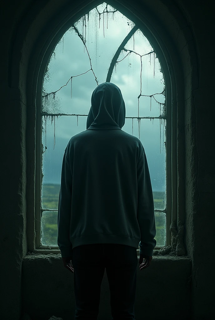 A horror movie type poster, with someone in a grey sweatshirt looking at the grey sky outside a church, and the title being "Recuerda"