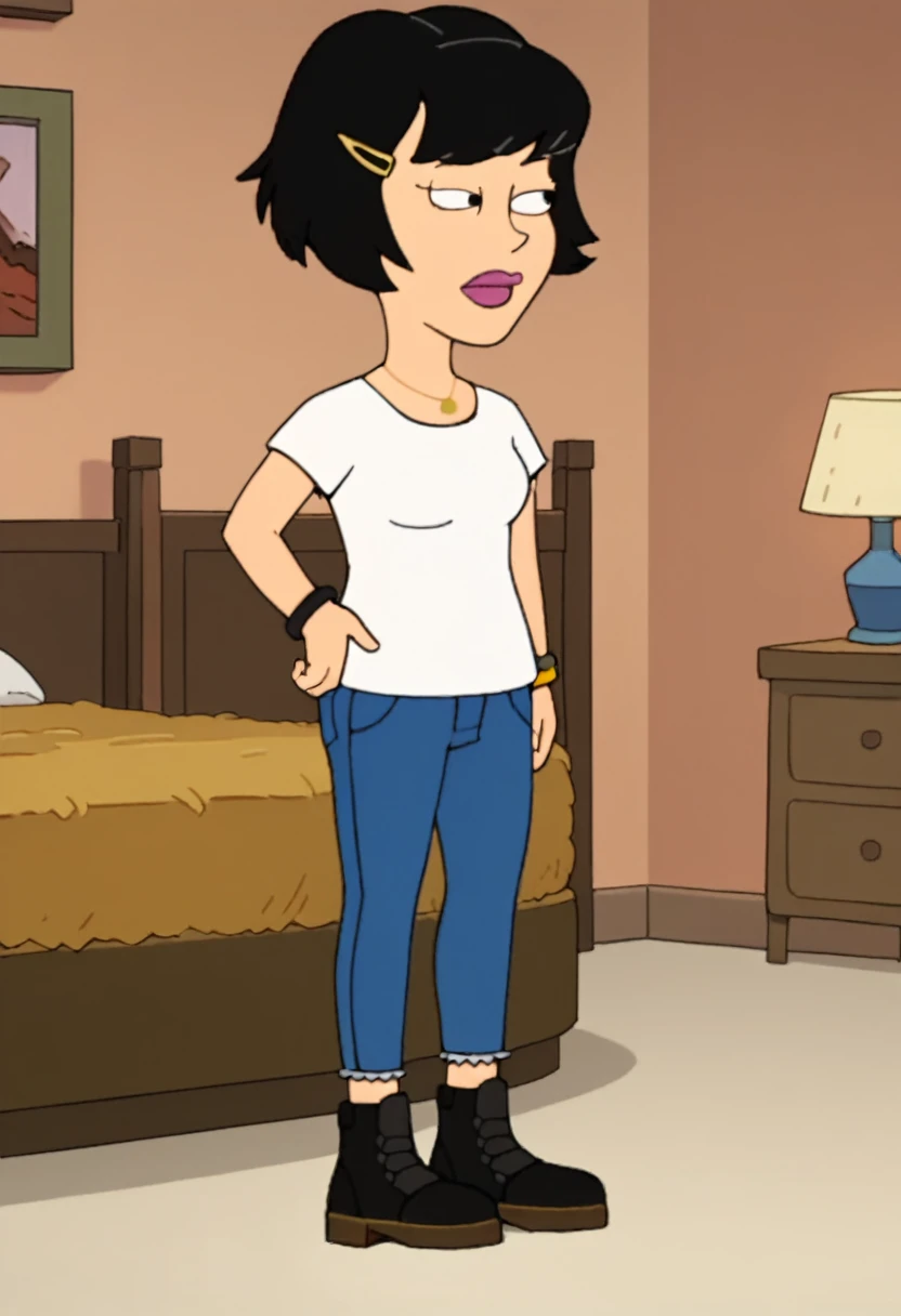 Score_9_up, score_8_up, score_7_up, 1girl, solo, aliad, black hair, hairclip, necklace, white shirt, bracelet, jeans, boots, hand on hip, bedroom