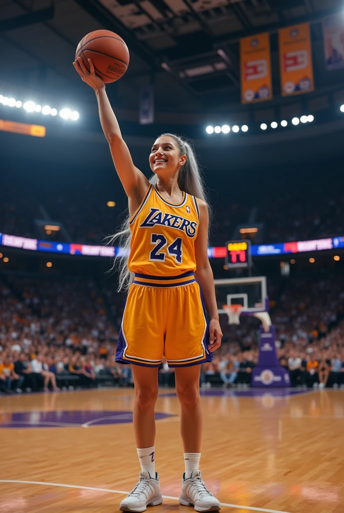A beautiful youthful looking white European version of Ariana Grande as a 50 years old woman with very long hair completely gray hair in a 90s ponytail as a retired
NBA player wearing her old NBA jersey shooting the ball in the basket in a nba stadium she is smiling for the camera