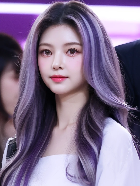 perfect figure beautiful woman:1.4,Layered hair style,Outstanding neckline:1.2,Two-dimensional clothing:1.5,Very detailed face and skin texture,double eyelid,Whiten skin,long white hair, purple eyes (( purple eyes), long white hair
