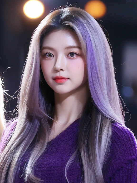 perfect figure beautiful woman：1.4，Layered hair style，Outstanding neckline：1.2，Two-dimensional clothing：1.5，Very detailed face and skin texture，double eyelid，Whiten skin，long white hair, purple eyes (( purple eyes), long white hair