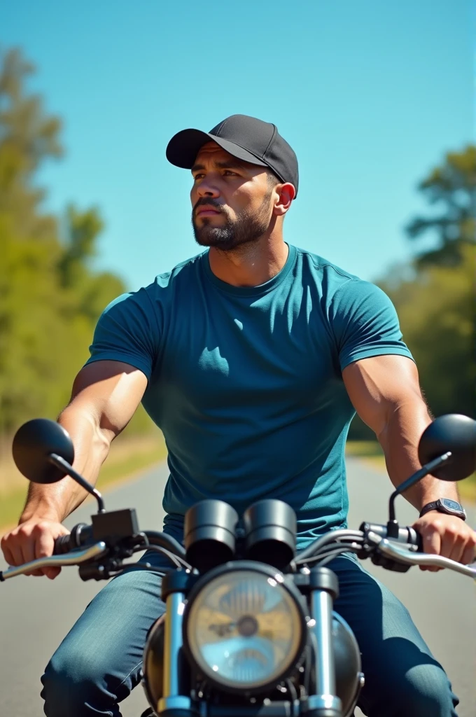 A man with bulk body wear black cap and blue T-shirt , shoes , sit on bike