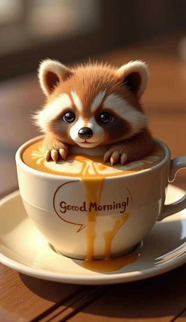 A captivating 3D render of a coffee cup, brimming with a whimsical foam creation that resembles a cute, extra fluffy baby raccoon. The raccoon, with intricate details and expressive eyes, exudes a playful demeanor as it sits atop the frothy coffee, speech bubble with the text "Good Morning!", The coffee spills over the edges, forming a golden stream that cascades down, bringing the artwork to life. The blend of reality and imagination in this conceptual art piece showcases the beauty and creativity of coffee art, making it a delightful and imaginative visual experience., conceptual art, photo, 3d render