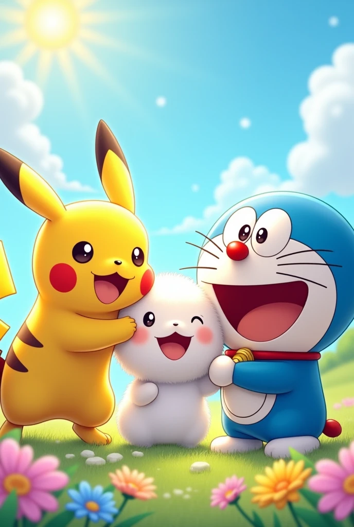 A cute and heartwarming scene where Pikachu from Pokémon, Snowball from The Secret Life of Pets, and Doraemon are smiling and having fun together. Pikachu is standing on the left, with Snowball in the middle and Doraemon on the right. They are surrounded by a bright and cheerful background, filled with soft, colorful flowers and a warm, sunny sky. Each character has a joyful expression, and they are all posing closely as friends, capturing the moment of happin