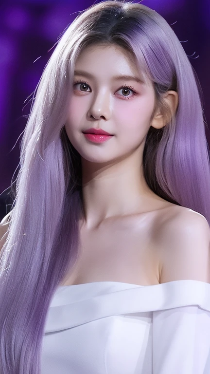 perfect figure beautiful woman:1.4,Layered hair style,Outstanding neckline:1.2,Two-dimensional clothing:1.5,Very detailed face and skin texture,double eyelid,Whiten skin,long white hair, purple eyes (( purple eyes), long white hair