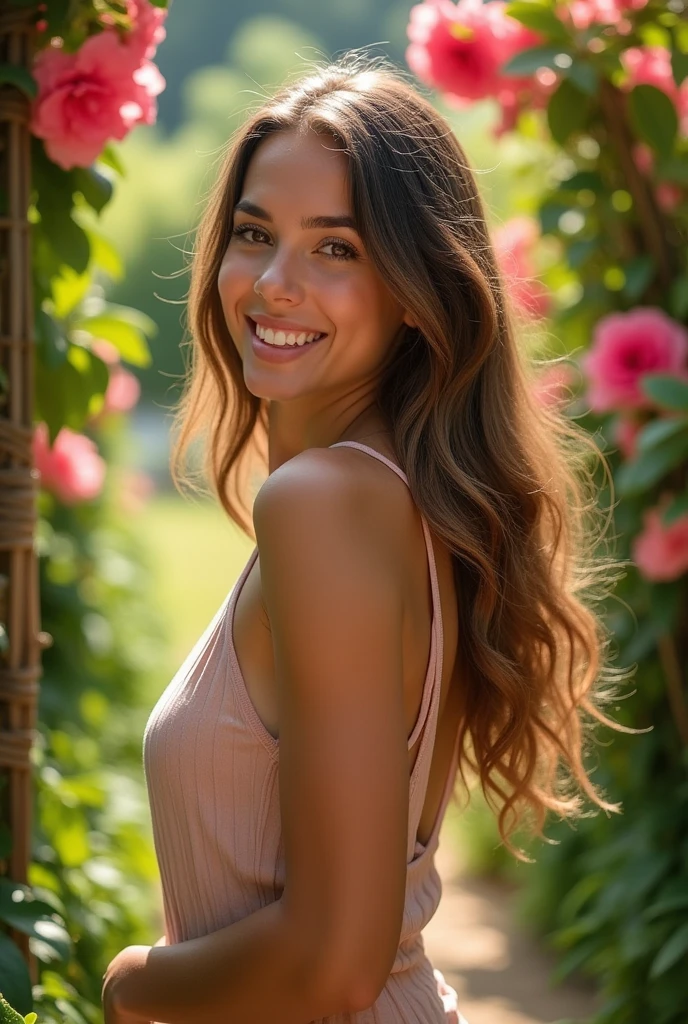 women,Beautiful,skinny,portrait,(((Whole body))),Bush,rose,day,depth of field,fence,field,flower,flower field,on one side,garden,grass,ivy,move,thick lips,smile,long brown hair with curls,smile at the viewer,smiling face,nature,outdoor,careless,plant,potted plant,ultra realistic,Alone,(((crawling on the ground))),tree,environment,watering can,wisteria,raw photo,8k,ultra realistic skin details,ultra realistic hair details,Perfect skin,8k uhd,digital slr camera,ultra high quality,film grain,Fujifilm XT3,16k UHD,digital slr camera,optimal quality,naked,green eyes,crawling pose,motion effect,happy face,legs wide open. without underwear,(((naked body)))