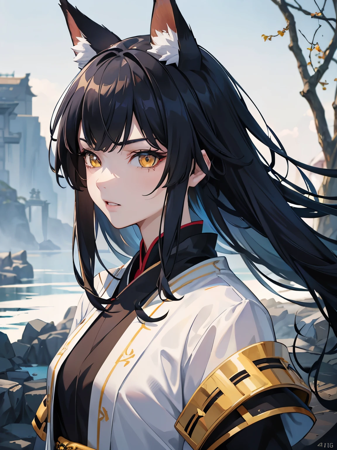 masterpiece, best quality, 1girl, black hair, ,yellow eyes, fox ears, samurai, lightning aura, detailed eyes, detailed facial features, realistic and high resolution (best quality, 4k, 8k, highres, masterpiece:1.2)