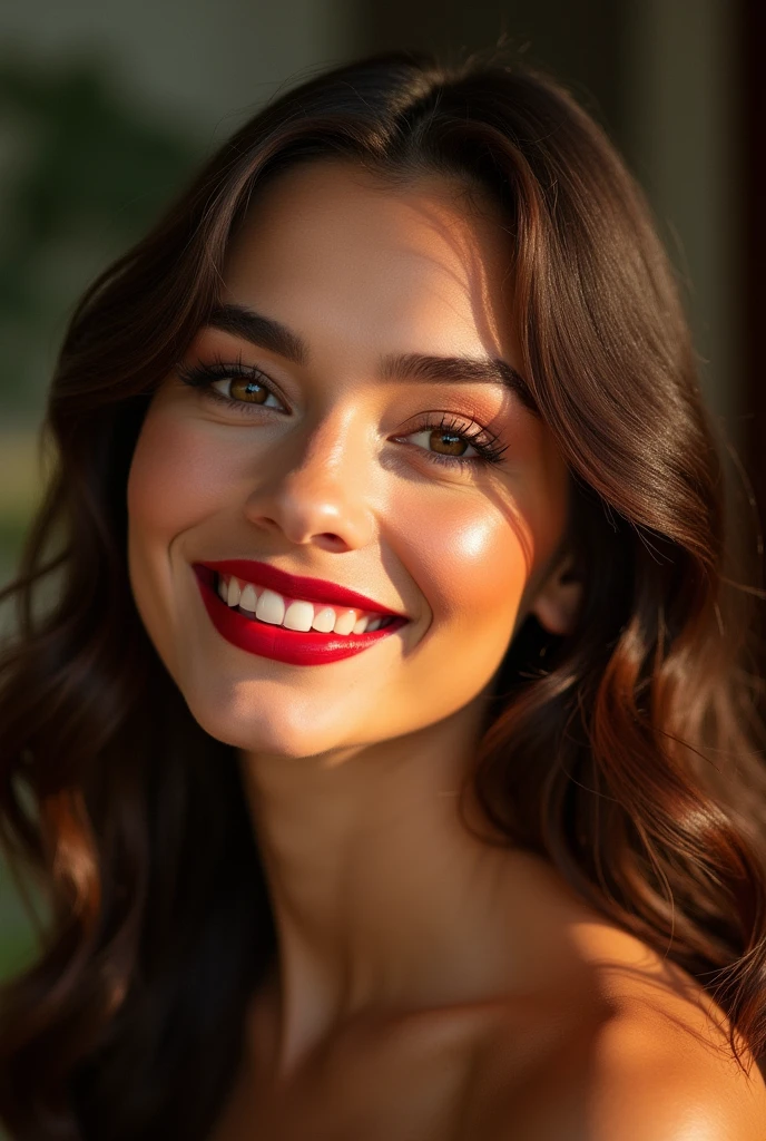 face is structured much like a Russian model's. I have high cheekbones, big expressive eyes, and a strong jawline. My skin is flawless, thanks to all the time I spend taking care of myself. My lips are naturally plump and red from wearing my favorite shade of lipstick. My hair is thick and wavy, falling past my shoulders when it's down. And last but not least, I have a killer smile that could light up any room. Red lipstick