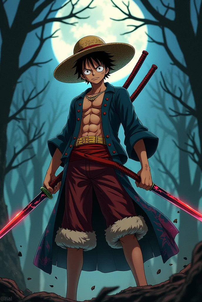 Monkey D. Luffy as a demon slayer kimetsu no yaiba with a hunter outfit