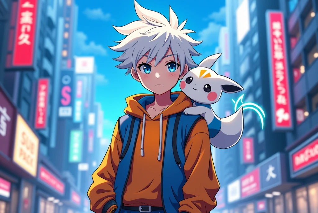 1 boy, teenager, short white hair with messy bangs and blue eyes solo, boy, clothes in orange and blue colors, anatomically perfect body, full hd art, anime boy, with a pokemon called Emolga on his shoulder, futuristic city background