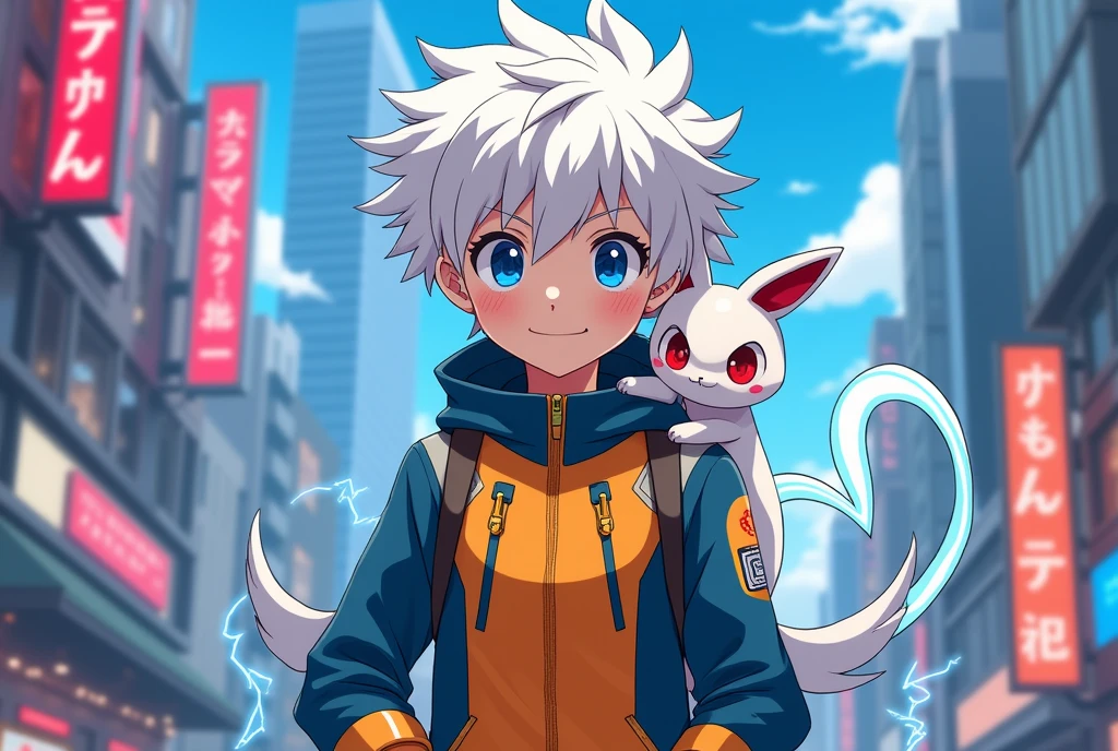1 boy, ager, short white hair with messy bangs and blue eyes solo, boy, clothes in orange and blue colors, anatomically perfect body, full hd art, anime boy, with a pokemon called Emolga on his shoulder, futuristic city background