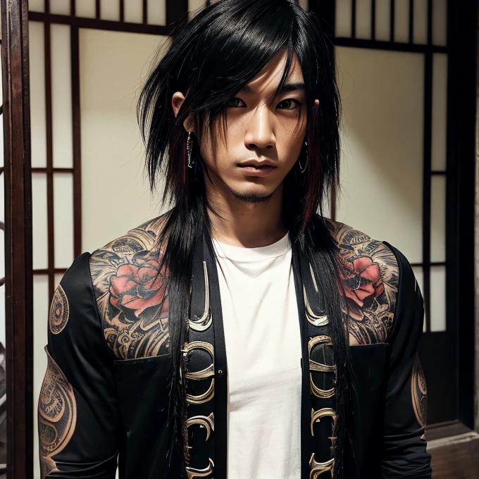 1 man, Japanese man, male, Asian eyes, muscular, broad shoulders, yakuza tattoos, hairstyle Visual Kei style, hair Visual Kei, black men's shirt and black pants, ultra detailed face, hyperrealistic, realistic representation, long hair, long hair, 30 years old, age 30 years, blonde hair