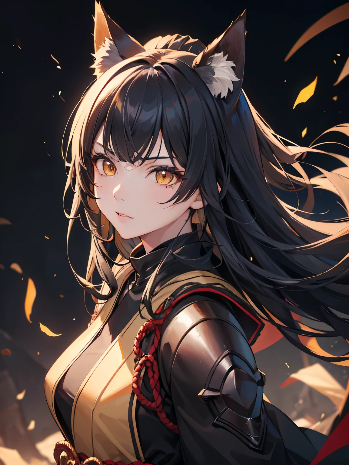 masterpiece, best quality, 1girl, black hair, ,yellow eyes, fox ears, samurai, lightning aura, detailed eyes, detailed facial features, realistic and high resolution (best quality, 4k, 8k, highres, masterpiece:1.2)