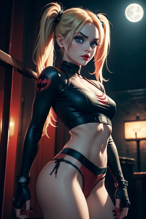 Harley Quinn, skinny girl,small and beautiful buttocks, toned abdomen, small and beautiful breasts, gorgeous blonde hair, classic hairstyle two pigtails, piercing blue eyes, red lips, tight-fitting red black outfit, posing seductively, Arkham asylum background, dark gritty gothic city, night, full moon, best quality, 4k, 8k, highres, masterpiece, ultra-detailed, realistic, photorealistic, photo-realistic, intricate details, dramatic lighting, cinematic composition, moody atmosphere, vibrant colors, neon lights