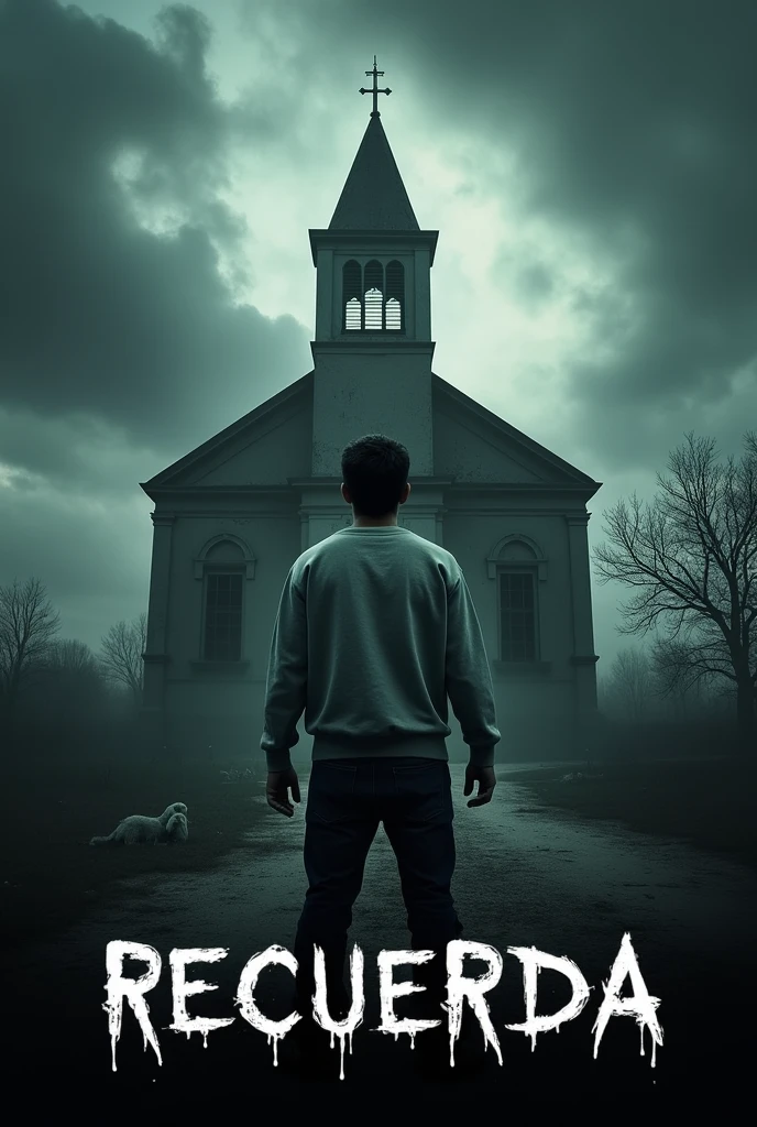 A horror movie type poster, with someone in a grey sweatshirt looking at the grey sky from outside a church, and the title being "Recuerda"