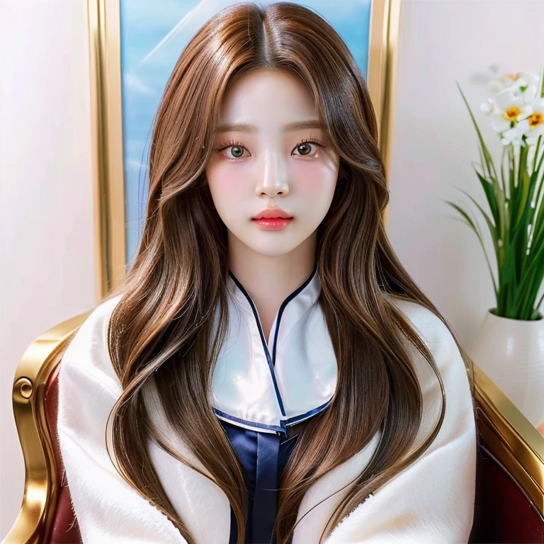 Close-up of a woman with long hair sitting on a chair, realist anime 3 d style, kawaii realist portrait, realist. Cheng Yi, Light brown hair, long and wavy., korean girl, realist hair, hyperrealist , popular korean makeup, South Korean popular makeup, dynamic wavy hair, long shiny ethereal hair, realist person, inspired by Yanjun Cheng