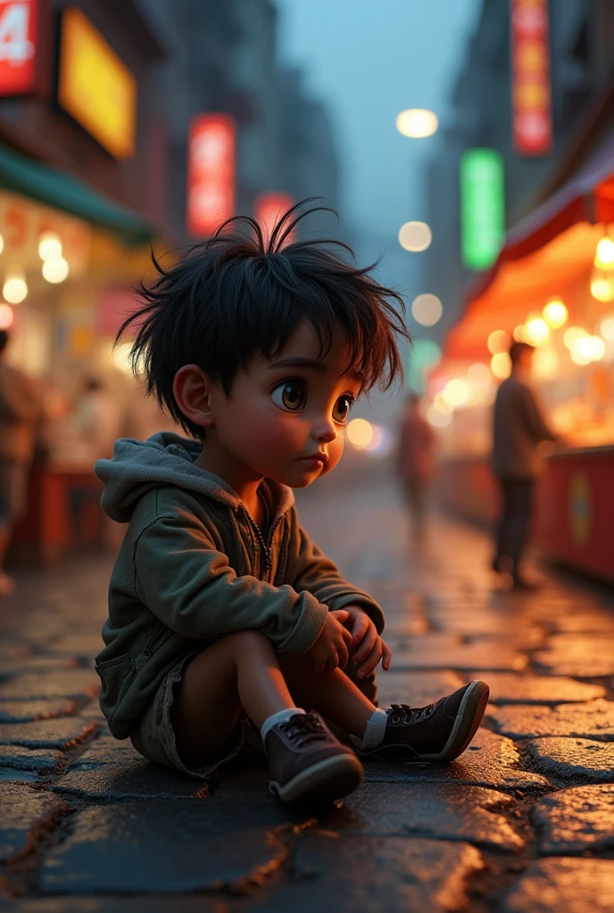 A sad poor hungry boy  at the street, pixar style, cinematic, masterpiece, high-aesthetic, realistic 