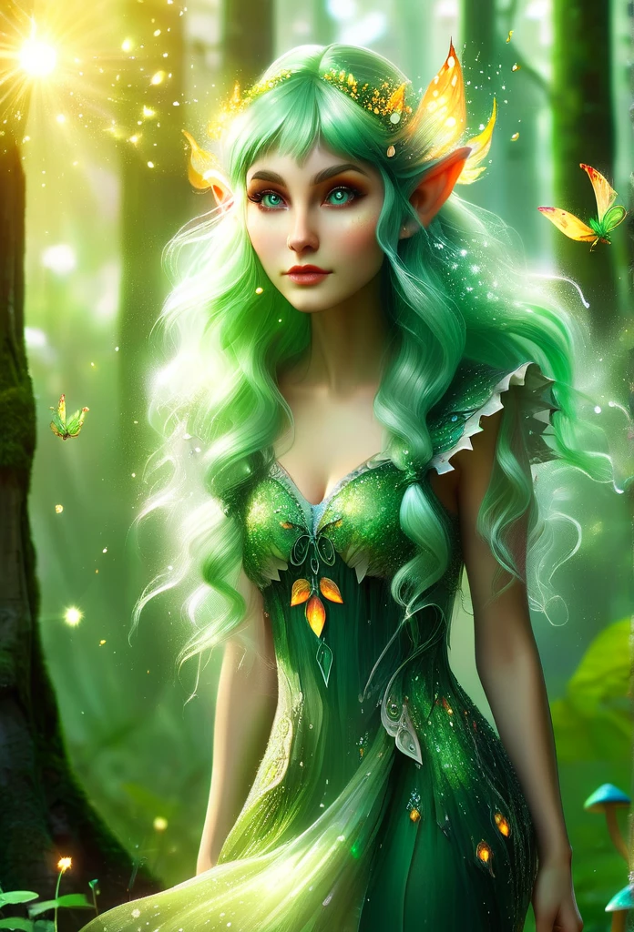 a beautiful elf girl, extremely detailed eyes and face, long eyelashes, delicate features, flowing green hair, pointed ears, wearing a green nature-inspired dress, standing in a magical forest with glowing mushrooms and fireflies, sunlight filtering through the trees, vibrant colors, fantasy, digital art, cinematic lighting, photorealistic