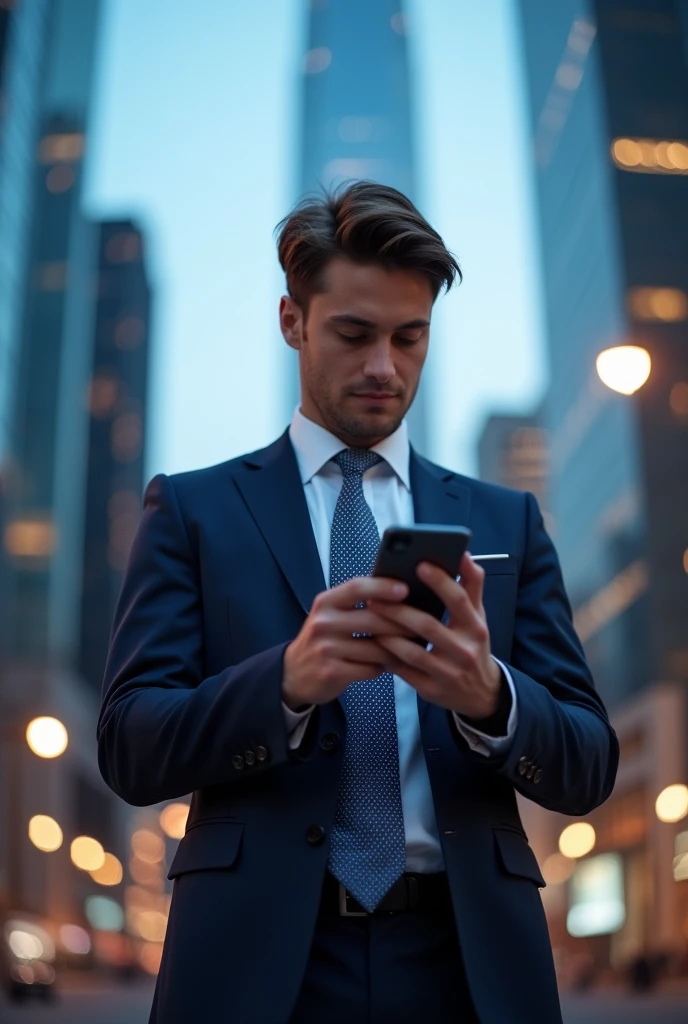 white male, with straight, brownish hair, formal clothes and with cell phone in hand