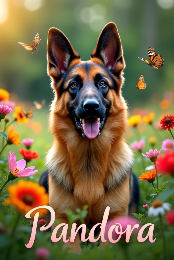 a beautiful German Shepherd with more golden markings on her face than black, recovered from surgery, In a beautiful garden, put the word pandora in the center of the image