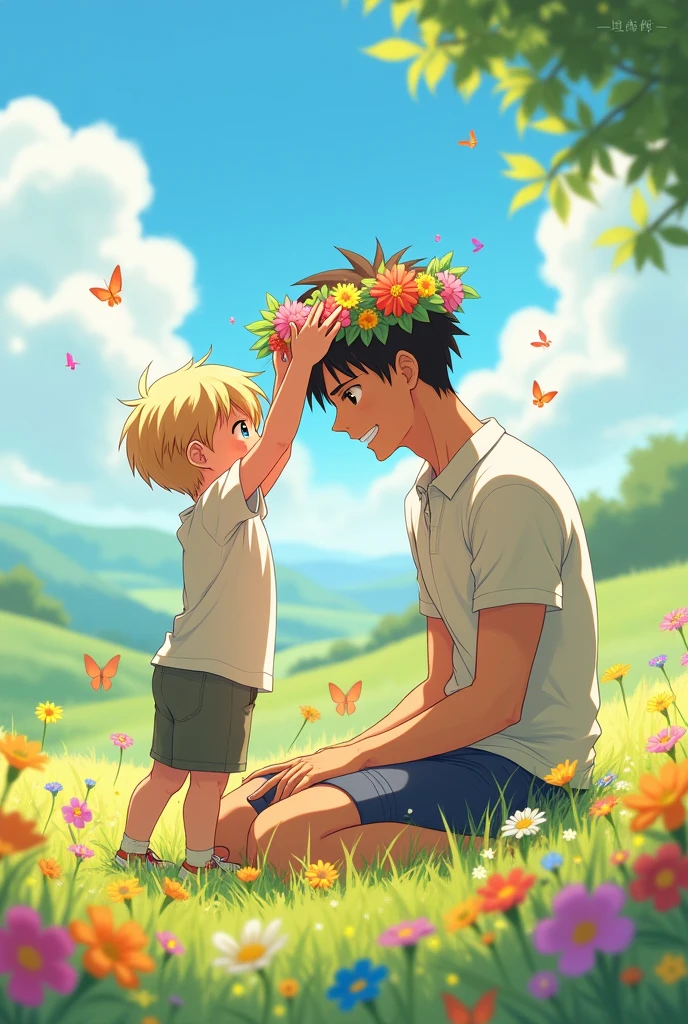 Son putting flower crown on father&#39;s head anime