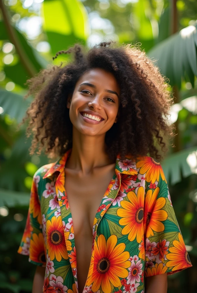A Brazilian woman in a lush tropical garden, wearing an open shirt with a floral print, with a close-up capturing the harmonious beauty between her breasts and the natural flowers, showing off your natural charm and outgoing personality.