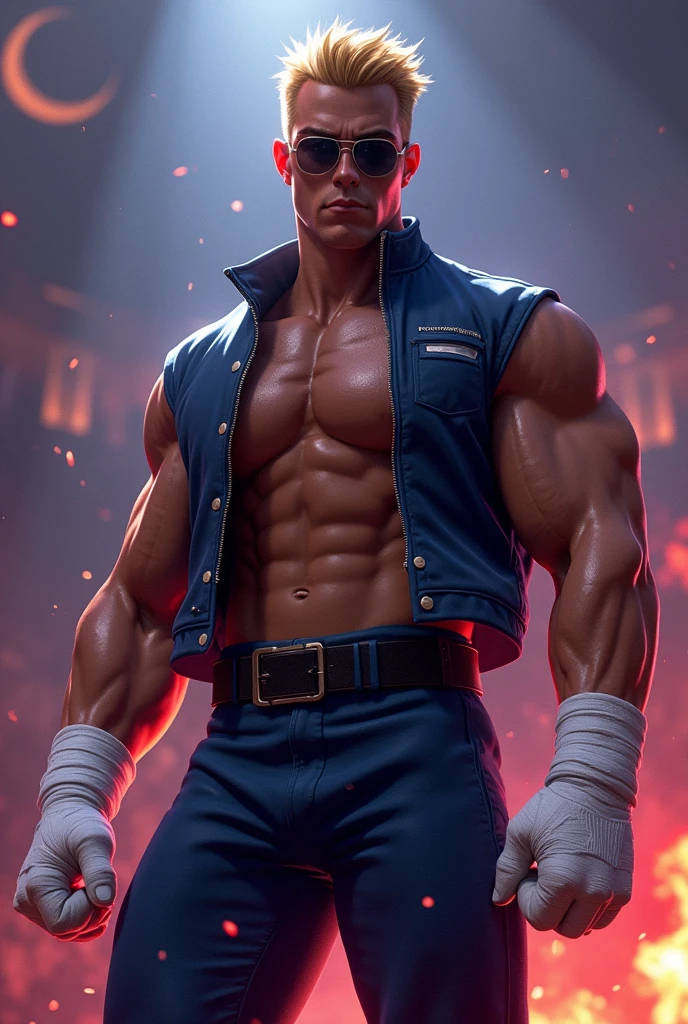 johnny cage mortal kombat wears a white bandage on both hands, She has blonde hair, He's muscular, sunglasses, black belt, navy blue pants and a navy blue jacket