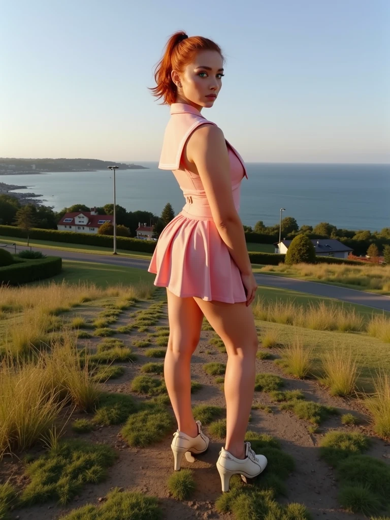 (masterpiece:1.3), (absurdres:1.3), (best quality:1.3), (ultra-detailed:1.3),(best shadow:0.7), (handled hair), (sharp eyeliner, eyeshadow, detailed eyes:1.1), perfect anatomy, BREAK, 1girl, solo, RED HAIR, hair between eyes, GREEN EYES, glowing eyes, sailor collar, school uniform, side ponytail, sidelocks
