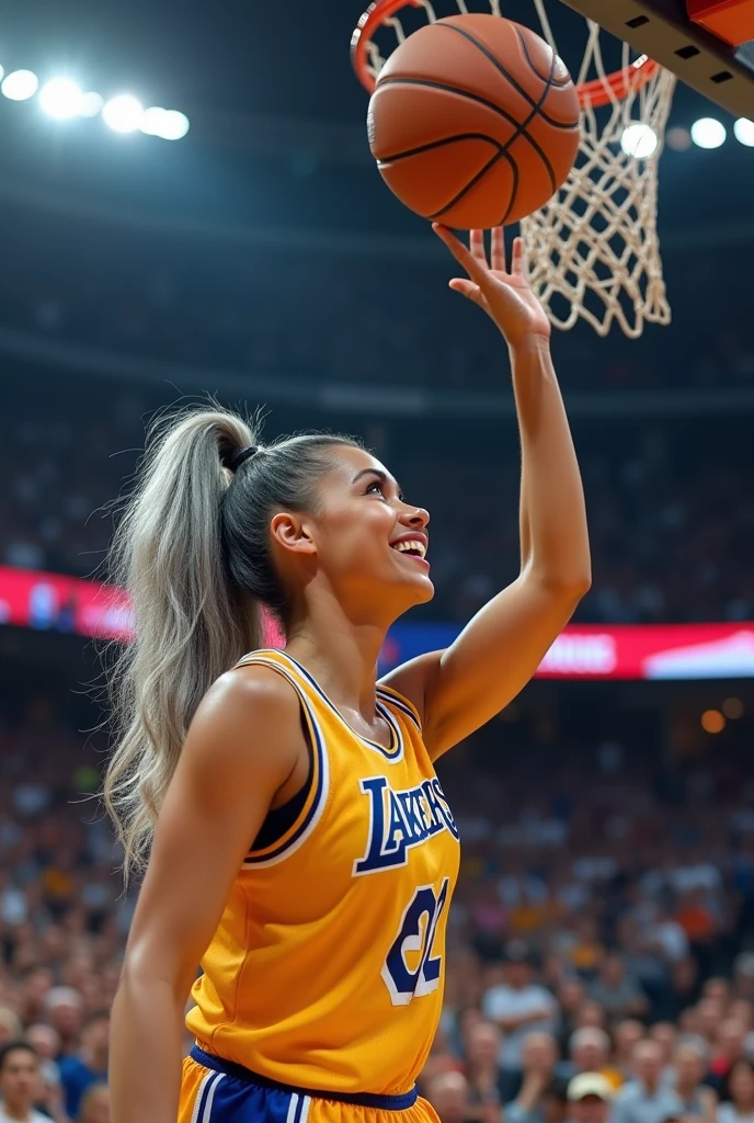 A beautiful youthful looking white Asian women as a 50 years old woman with very long hair completely gray hair in a 90s ponytail as a retired
NBA player wearing her old NBA jersey shooting the ball in the basket in a nba stadium she is smiling for the camera