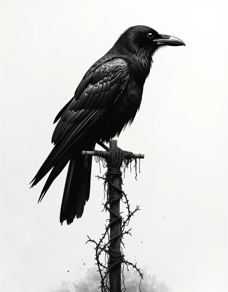 Vektor Create an exquisite ink painting on white paper that is the perfect multi-exposure work of art. This piece was intended to combine the volume-shaded of a Raven and a scarecrow and barbed wire. Hyper realistic.Tattoo style, paint splash, colors in white ,black and white , cinematic, illustration, painting, photo, poster, dark fantasy
