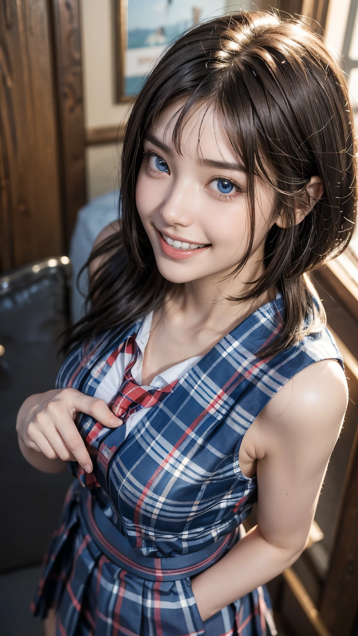 Highest quality, masterpiece, Ultra-high resolution,8k,((Toothy smile portrait:1.4)), (Realistic:1.6), ((Blue Eye)),((A radiant smile)), RAW Photos,((High school uniform,tie)),((Red checked pleated skirt)),((Soft looking breasts)),((Full body photo)),1 person,Slim 22 year old adult female,(Full of smiles, )) ,((Short bangs,Straight Bob Cut)),((Ribbon in hair)),((Looking up at the audience)),Face Focus:1.4,((Shot from above:1.15)),