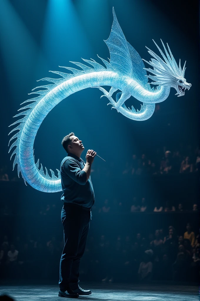 Man with a transparent dragon coming out of his mouth simulating his singing