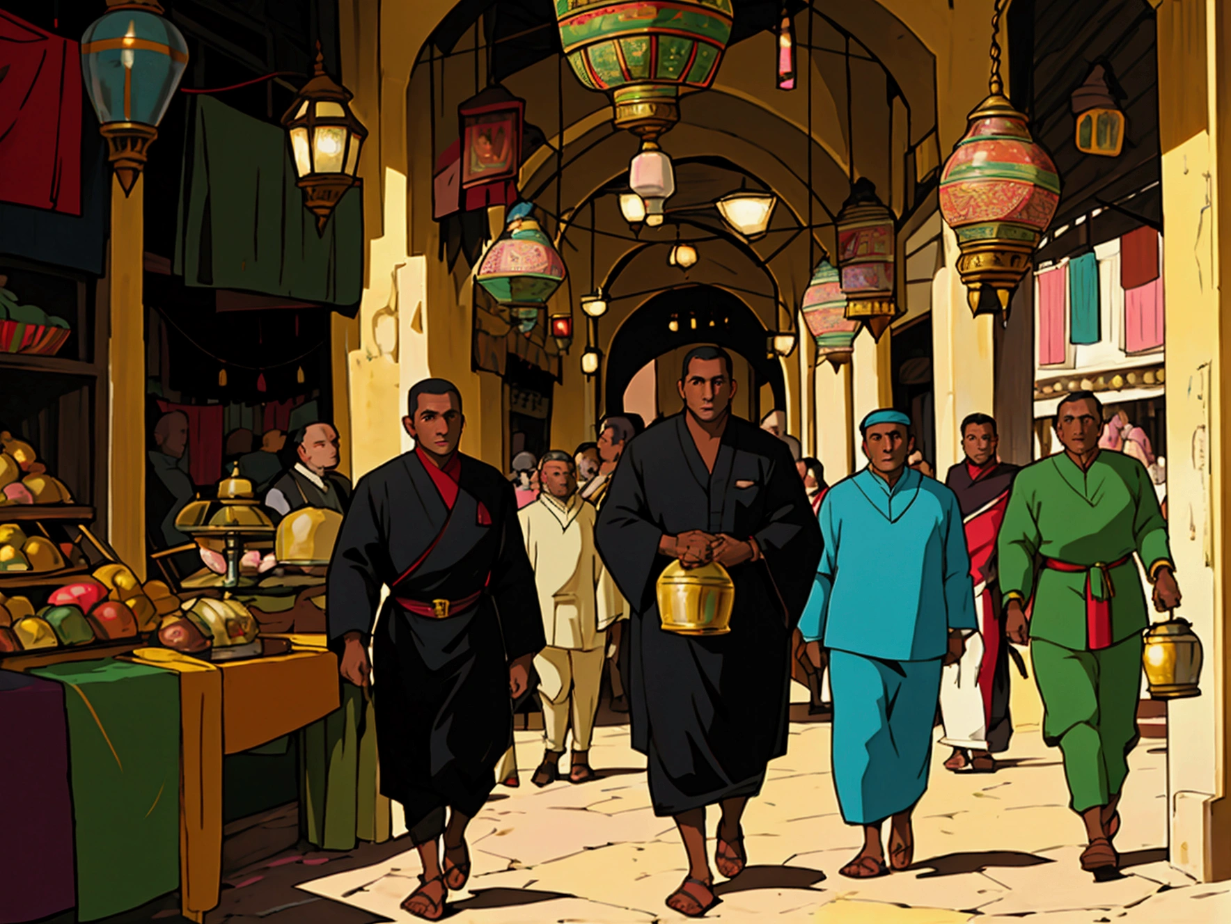 dark black man, 30, short hair, brown eyes, wearing Gucci, full body, day, old money, the setting is A bustling souk in Marrakech, with tapestries and lanterns creating a riot of colors