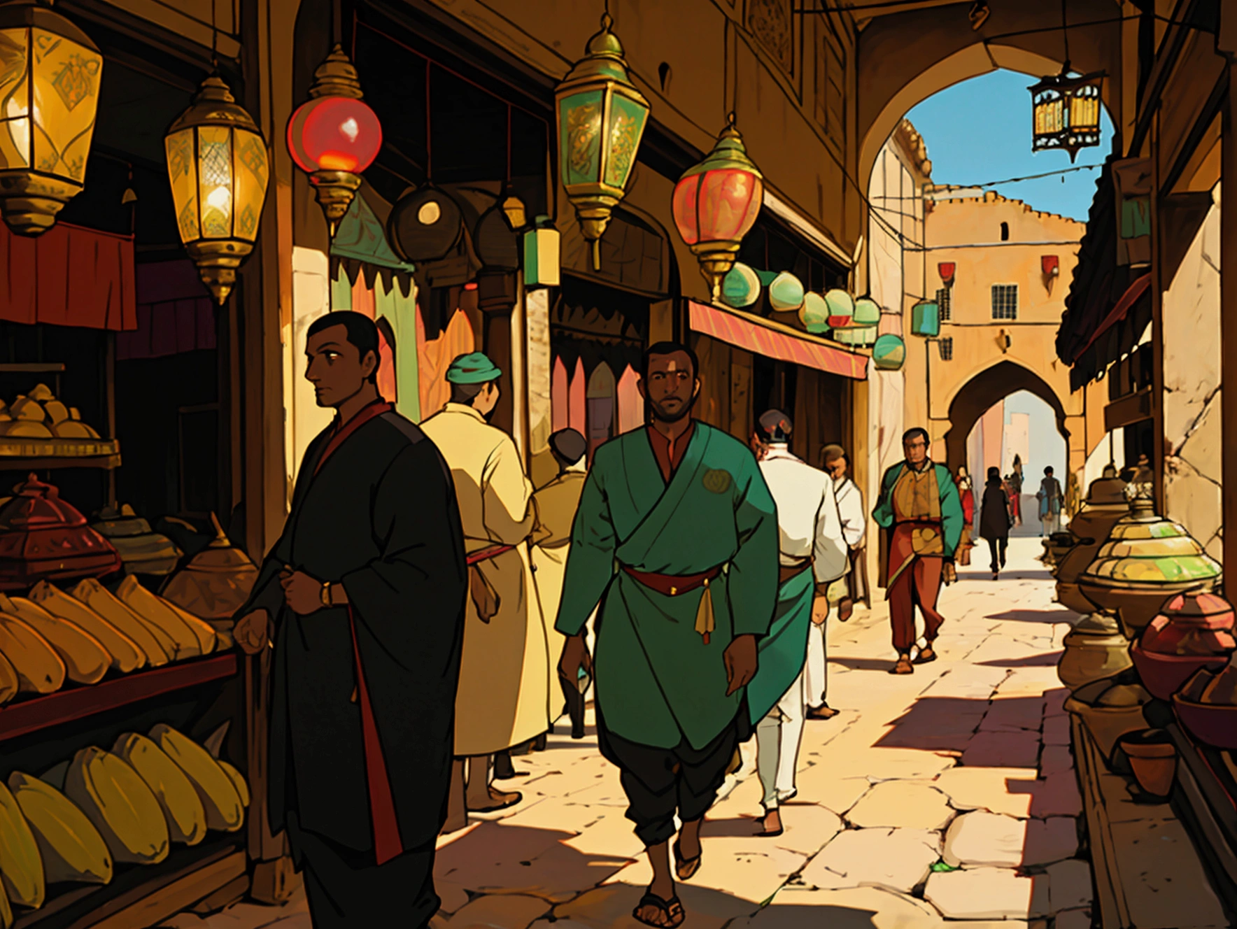 dark black man, 30, short hair, brown eyes, wearing Gucci, full body, day, old money, the setting is A bustling souk in Marrakech, with tapestries and lanterns creating a riot of colors