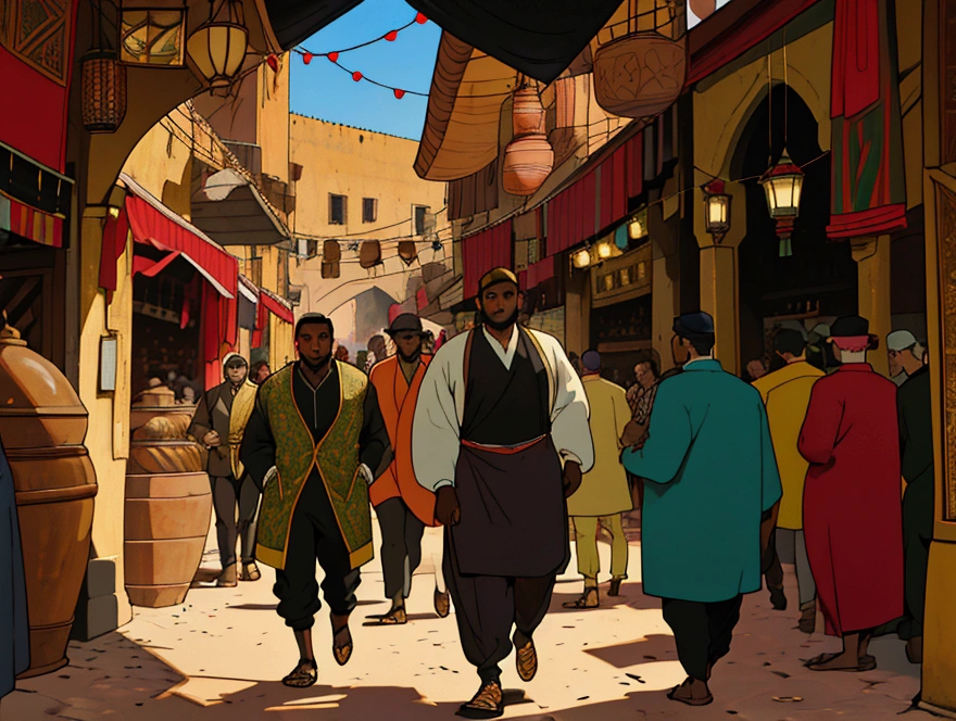 dark black man, 30, short hair, brown eyes, wearing Gucci, full body, day, old money, the setting is A bustling souk in Marrakech, with tapestries and lanterns creating a riot of colors