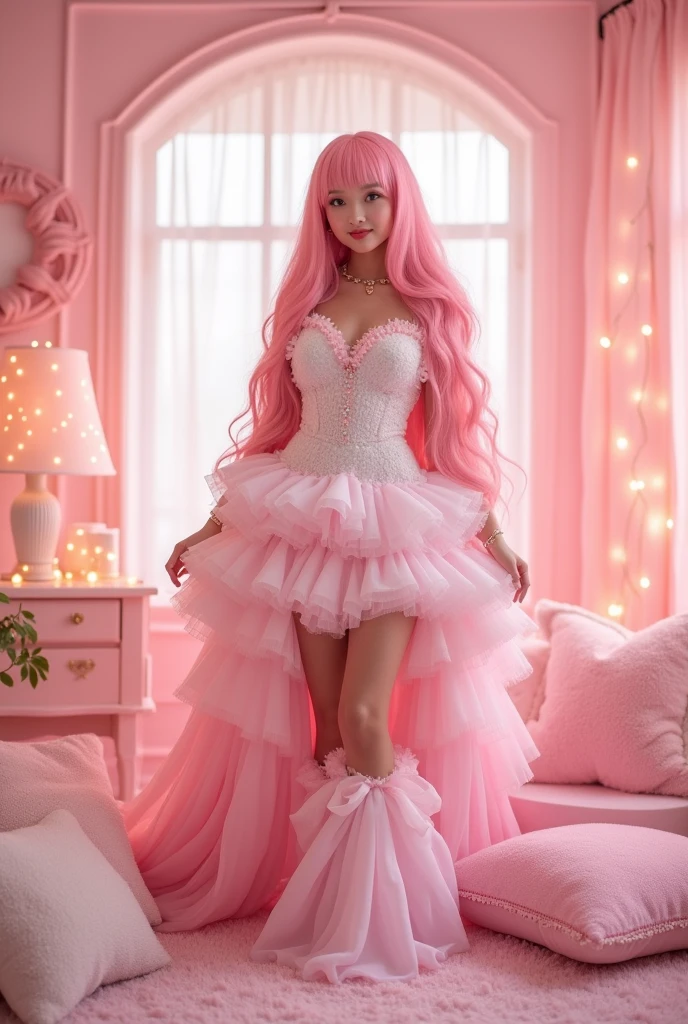 One woman。Pink hair long hair。Pink Room。Pink and white frilly outfit。Korean idol faces。