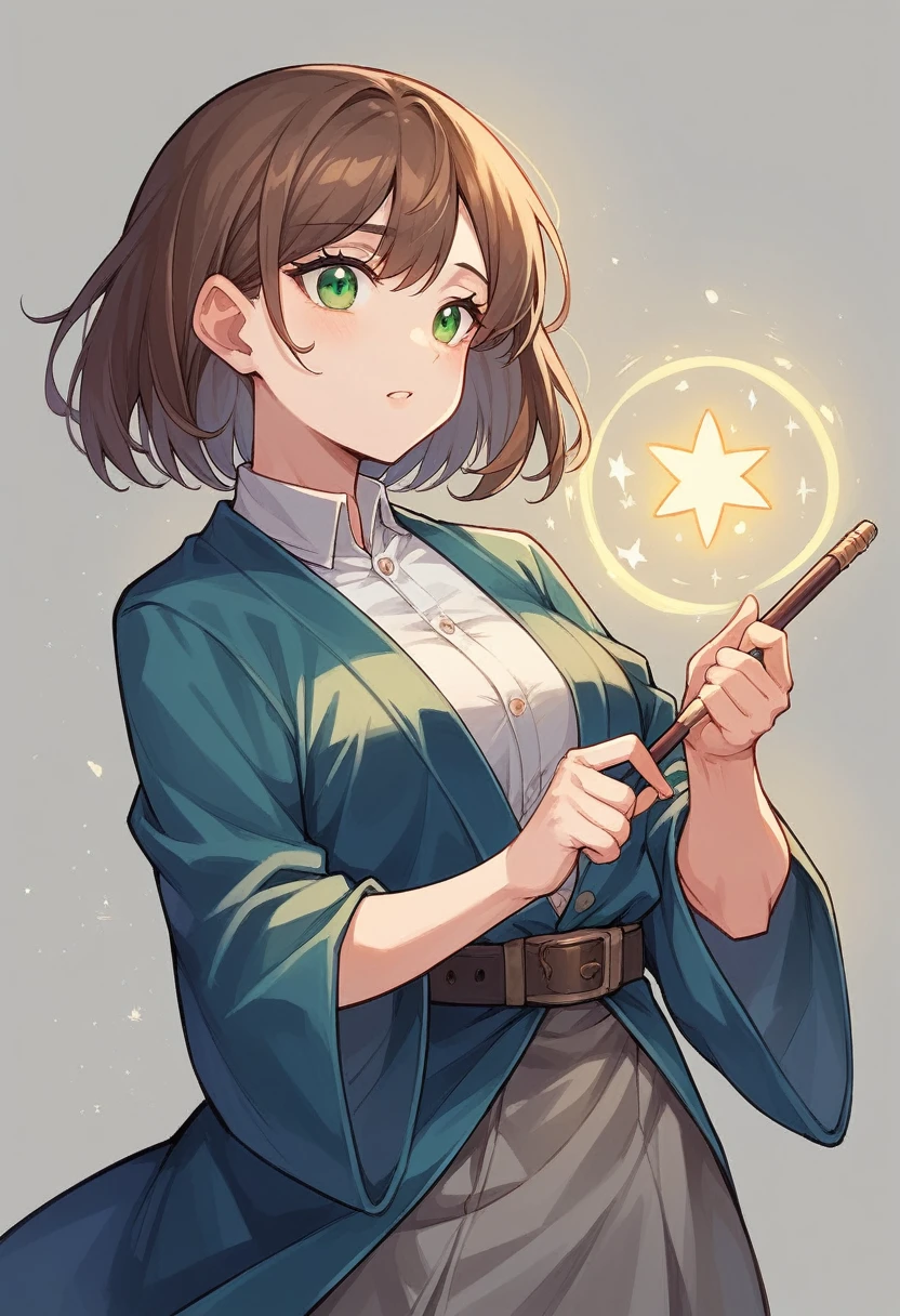 I want you to help me make a young mage girl, 18 years old, brown hair, green eyes, wearing the uniform of a magic academy, just like a dark blue robe, a white shirt on her chest, wearing a 35-point circle, and a gray skirt with a leather belt to hold her wand.