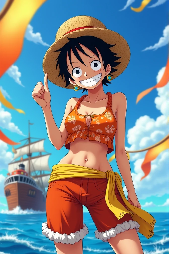 Luffy's from One Piece with the body of Nami from One Piece below his neck