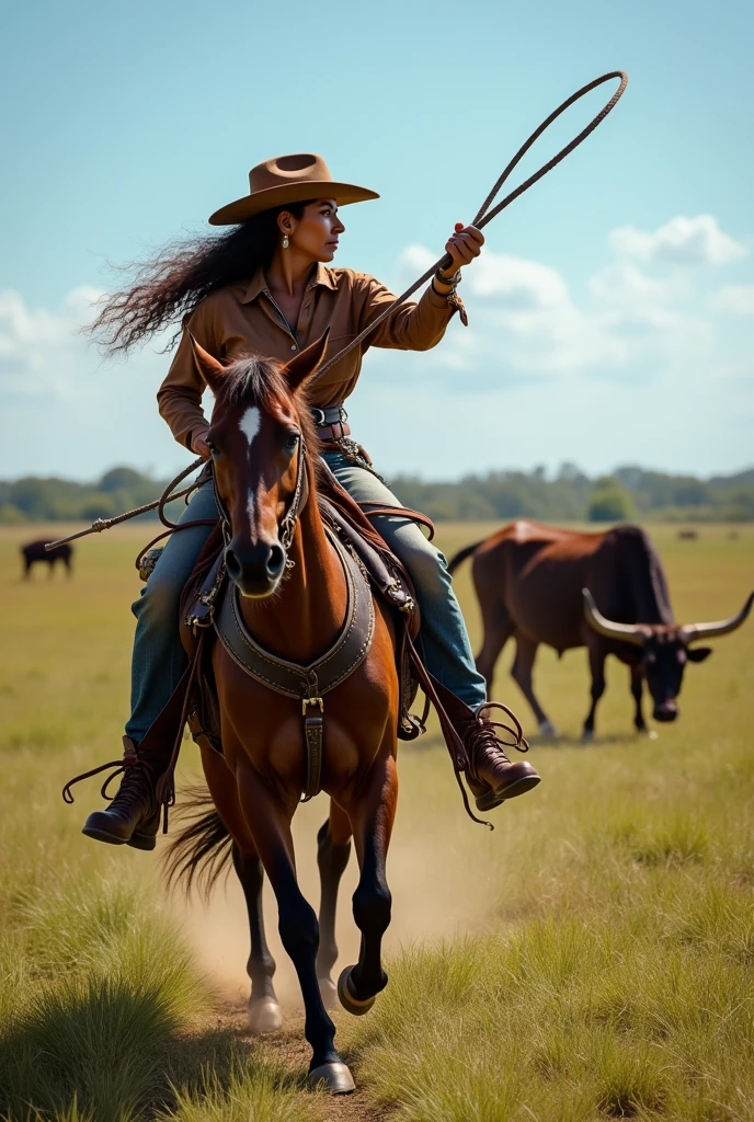 Make a 50 year old Pantanal cowgirl, Brazilian woman with dark skin, long brown shirt in the morning, curly hair, long brown hair blowing in the wind, cowgirl hat, riding a horse running and lassoing a moving bull, serious and angry look, light eye, realisitic, farm and cattle background