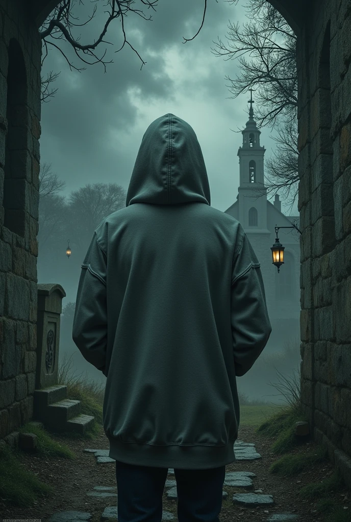 A horror movie type poster, with someone in a grey sweatshirt looking at the grey sky from outside a church, and the title being "Recuerda"